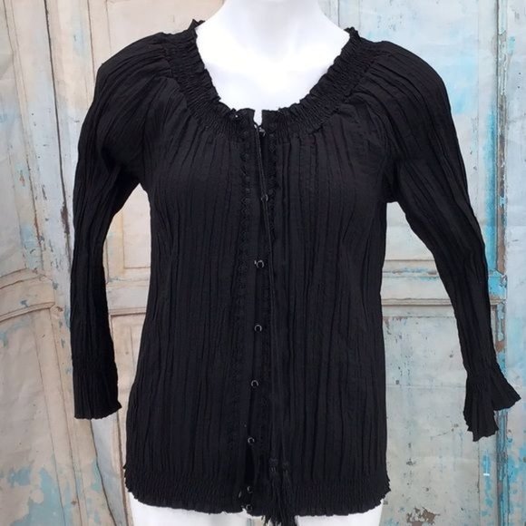 Harve Bernard Womans Small Black Long Sleeve Crape Button Blouse Tassels - Picture 3 of 8